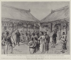 La cuestión china, la ocupación alemana de Kiao-Chau, domingo por la tarde en el Yamen, o Casa de Gobierno, Tsingtan de Melton Prior